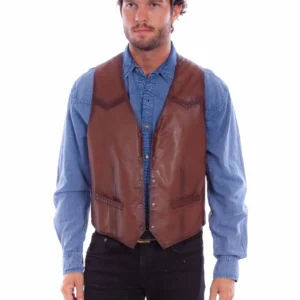 Brown Western Leather Vest for Men with Stand Collar and Button Closure – Real Leather Cowboy Style