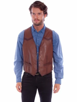 Brown Western Leather Vest for Men with Stand Collar and Button Closure – Real Leather Cowboy Style
