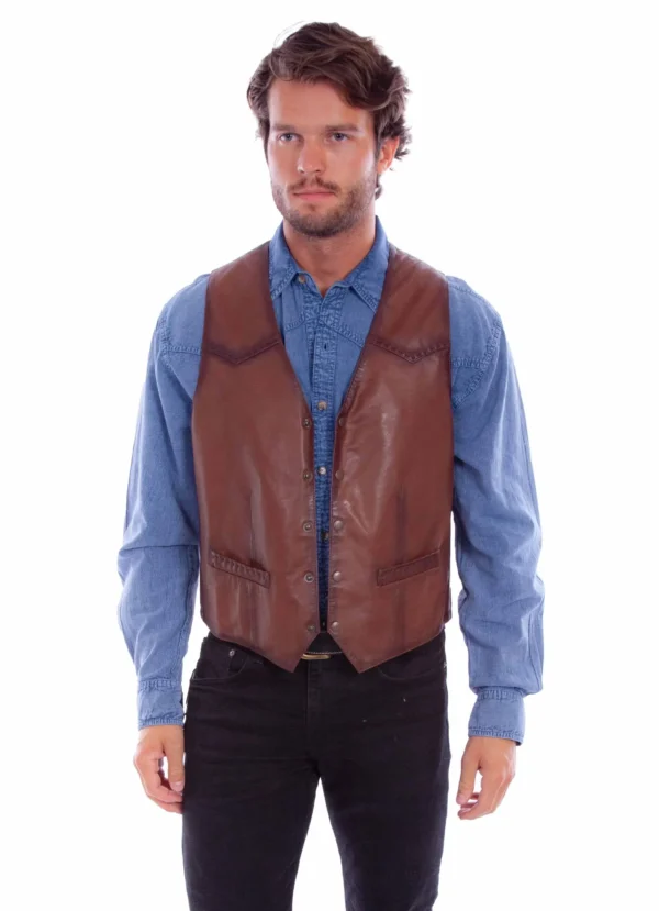 Brown Western Leather Vest for Men with Stand Collar and Button Closure – Real Leather Cowboy Style