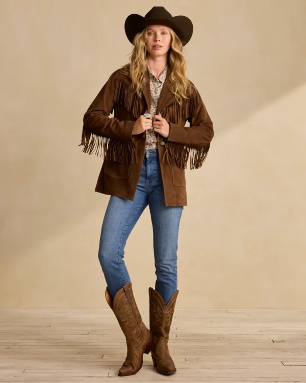 Chic Women's Suede Fringe Blazer – Stunning Coffee Brown Western Leather Jacket - Image 4