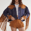 Denim Suede Mix Jacket – Cropped Fringe Western Style Denim Suede Mix Jacket with fringe sleeves and cropped Western design