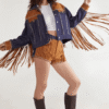 Denim Suede Mix Jacket – Cropped Fringe Western Style (2) Denim Suede Mix Jacket – Cropped Fringe Western Style