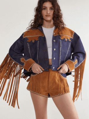 Denim Suede Mix Jacket with fringe sleeves and cropped Western design