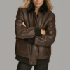 Everleigh Faux Fur Lined Bomber Jacket – Genuine Leather with Warm Lining & Dual Pockets Front view of Everleigh Faux Fur Lined Bomber Jacket with zipper and snap placket