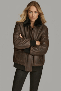 Front view of Everleigh Faux Fur Lined Bomber Jacket with zipper and snap placket
