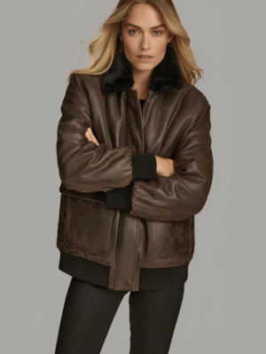 Front view of Everleigh Faux Fur Lined Bomber Jacket with zipper and snap placket