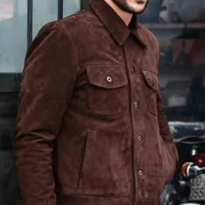 Gold Bison™ Brown Suede Western Jacket – Handmade Calfskin Leather with Antique Brass Detailing