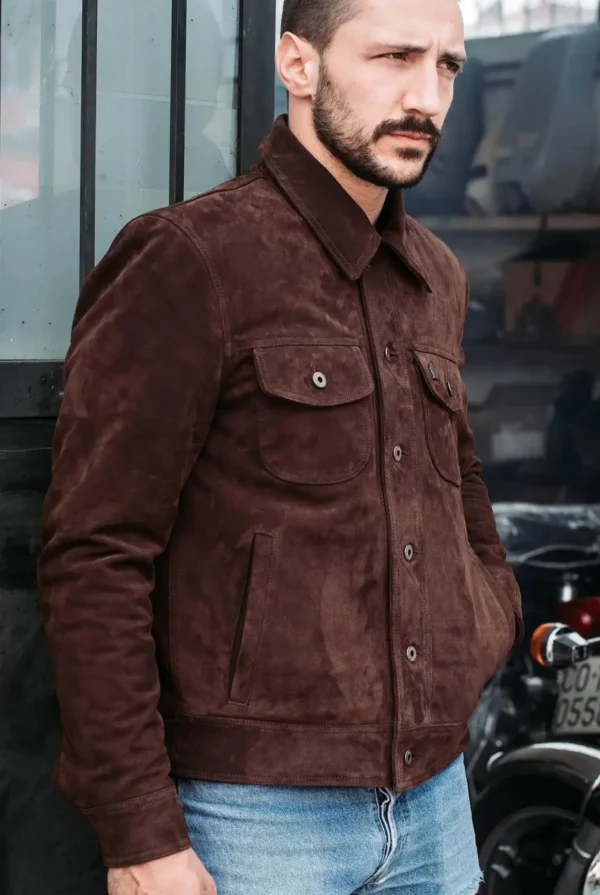 Gold Bison™ Brown Suede Western Jacket – Handmade Calfskin Leather with Antique Brass Detailing