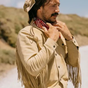 Gold Bison™ Western Suede Fringe Jacket in Sand Calfskin Leather with 1960s Tailored Fit and Fringe Details