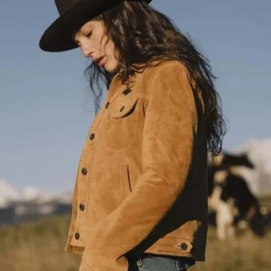 Women's Western Suede Jacket - Tailored Calfskin Leather with Antique Brass Buttons