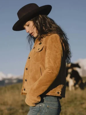 Women's Western Suede Jacket - Tailored Calfskin Leather with Antique Brass Buttons