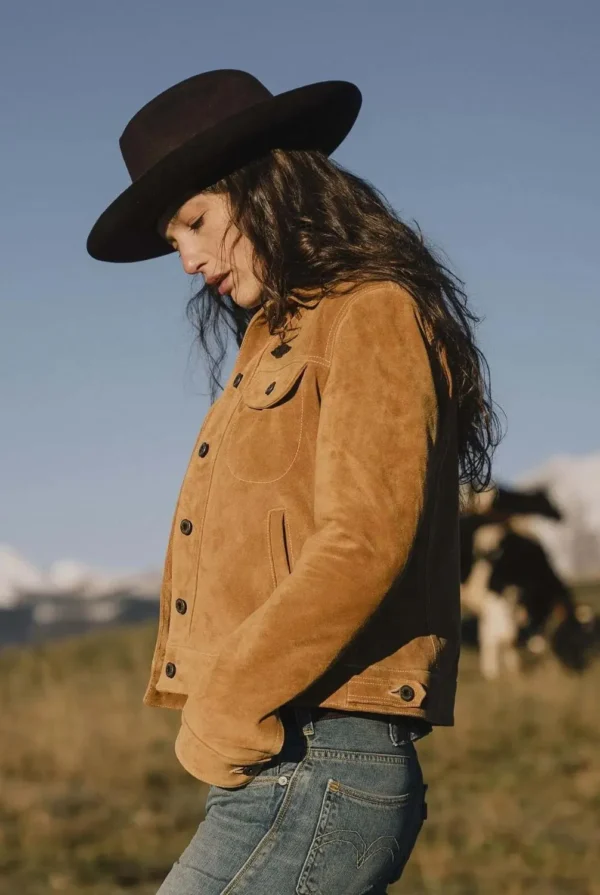 Women's Western Suede Jacket - Tailored Calfskin Leather with Antique Brass Buttons