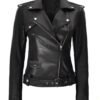 Women's black motorcycle leather jacket made from real leather with wide lapel collar and zipper cuffs