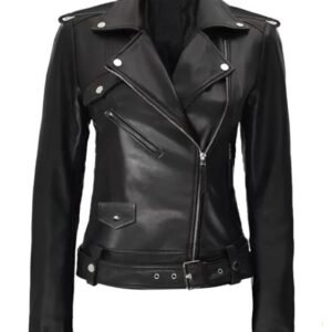 Women's black motorcycle leather jacket made from real leather with wide lapel collar and zipper cuffs
