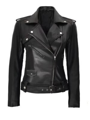 Women's black motorcycle leather jacket made from real leather with wide lapel collar and zipper cuffs