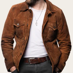 Lordsburg Brown Suede Leather Trucker Jacket with Buttoned Closure