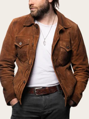 Lordsburg Brown Suede Leather Trucker Jacket with Buttoned Closure