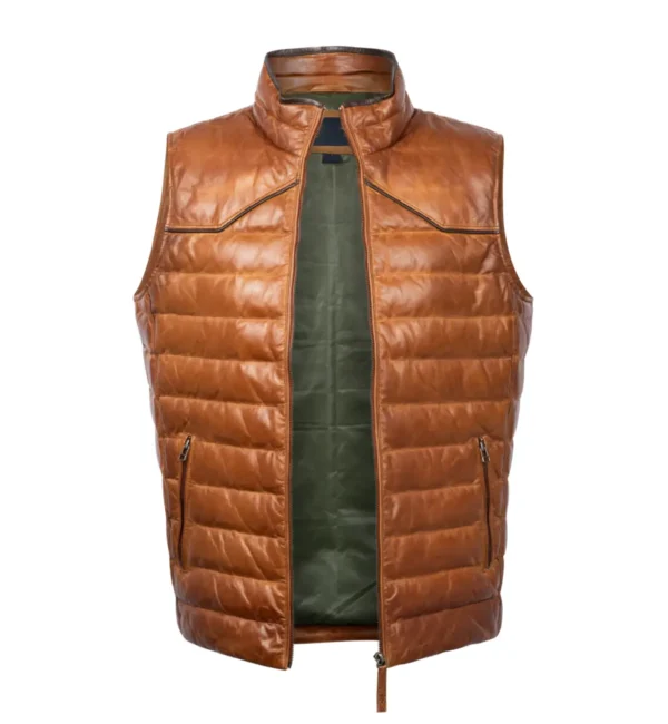 Luxury Cognac Lambskin Leather Puffer Vest for Men – Stylish & Warm - Image 3