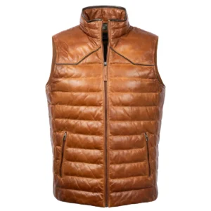 Men's Cognac Lambskin Leather Puffer Vest with Zipper and Stand Collar