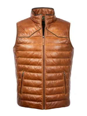 Men's Cognac Lambskin Leather Puffer Vest with Zipper and Stand Collar