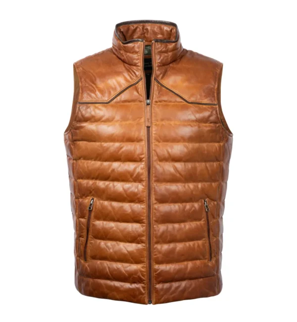 Men's Cognac Lambskin Leather Puffer Vest with Zipper and Stand Collar