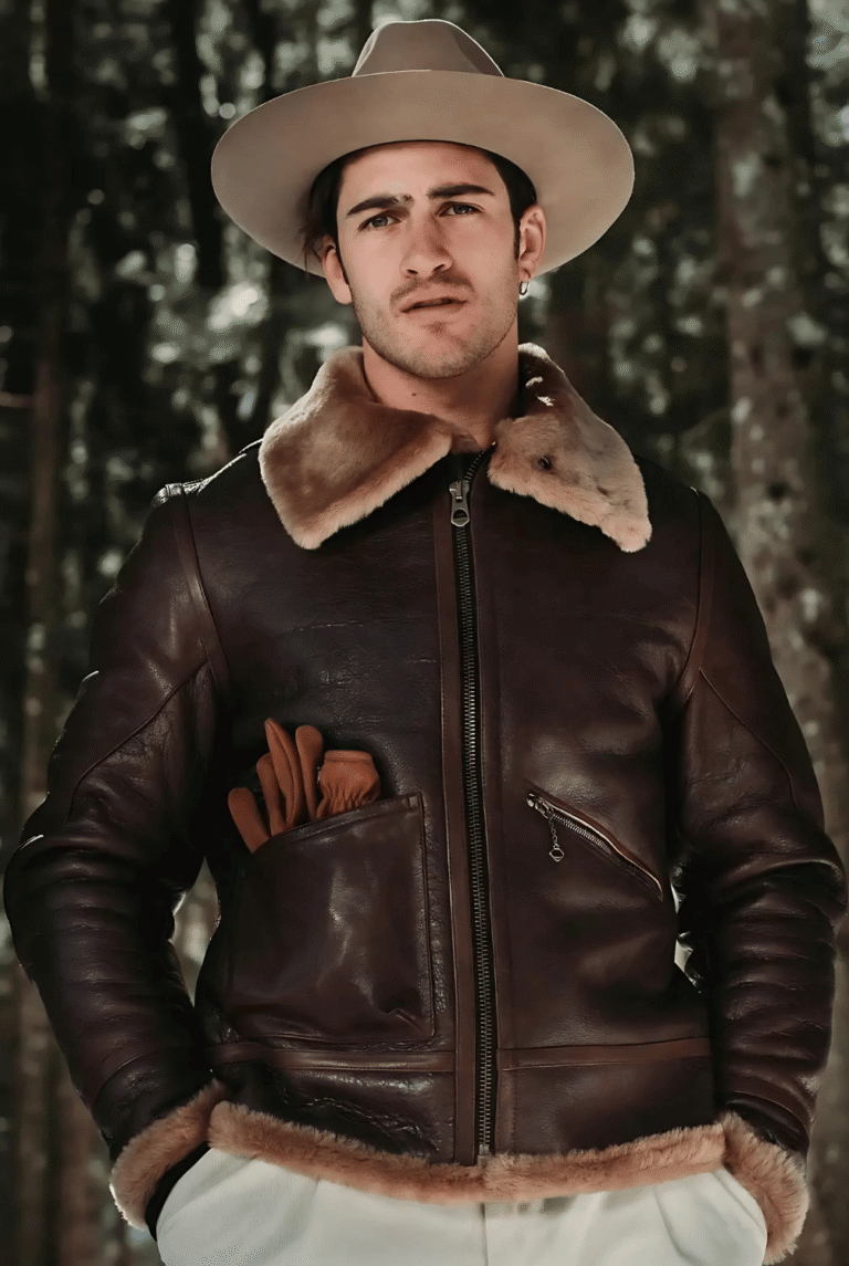 Front view of luxury B3 Aviator Shearling Jacket for men, made with real Merino sheepskin, handcrafted in Italy
