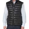 Luxury Men’s Black Leather Puffer Vest – Stylish & Warm Outerwear (2) Men wearing a stylish black leather puffer vest with stand collar