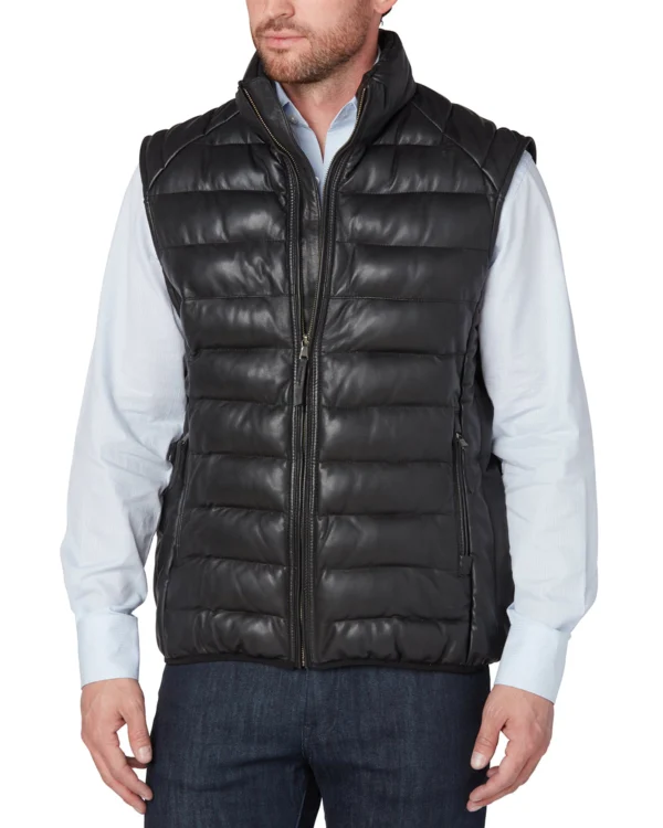 Men wearing a stylish black leather puffer vest with stand collar