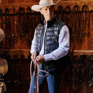 Men wearing a stylish black leather puffer vest with stand collar
