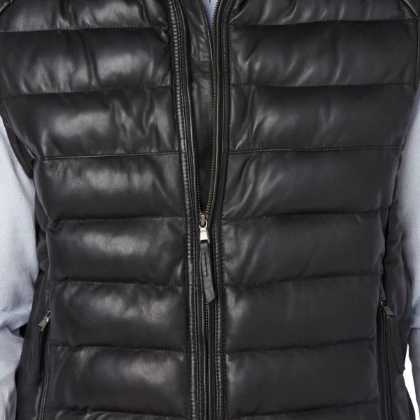 Luxury Men’s Black Leather Puffer Vest – Stylish & Warm Outerwear - Image 4