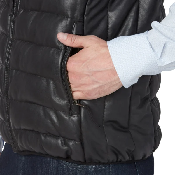 Luxury Men’s Black Leather Puffer Vest – Stylish & Warm Outerwear - Image 5