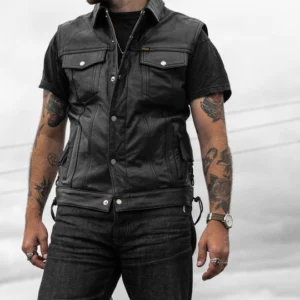 Men's Black Leather Vest – Full Grain Cowhide Sleeveless Biker Jacket