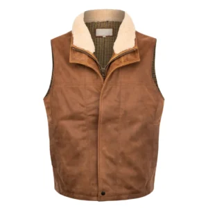 Men's brown leather vest made from lamb leather with shearling collar – Dover Trekker Classic front view