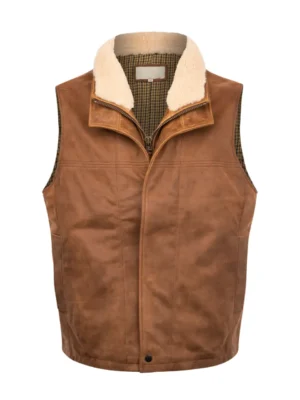 Men's brown leather vest made from lamb leather with shearling collar – Dover Trekker Classic front view