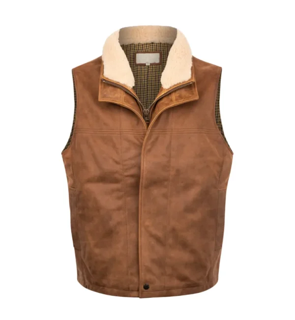 Men's brown leather vest made from lamb leather with shearling collar – Dover Trekker Classic front view