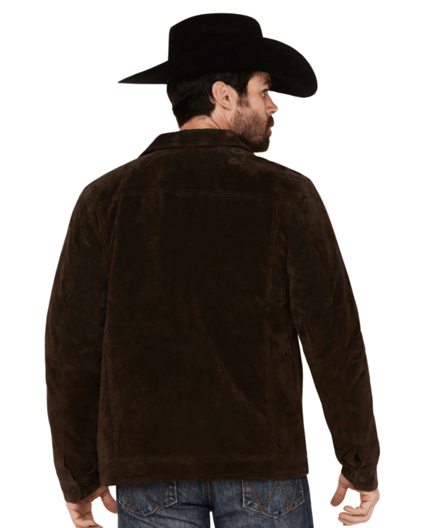 Model wearing a Men’s Brown Suede Jacket with chest flap pockets and spread collar