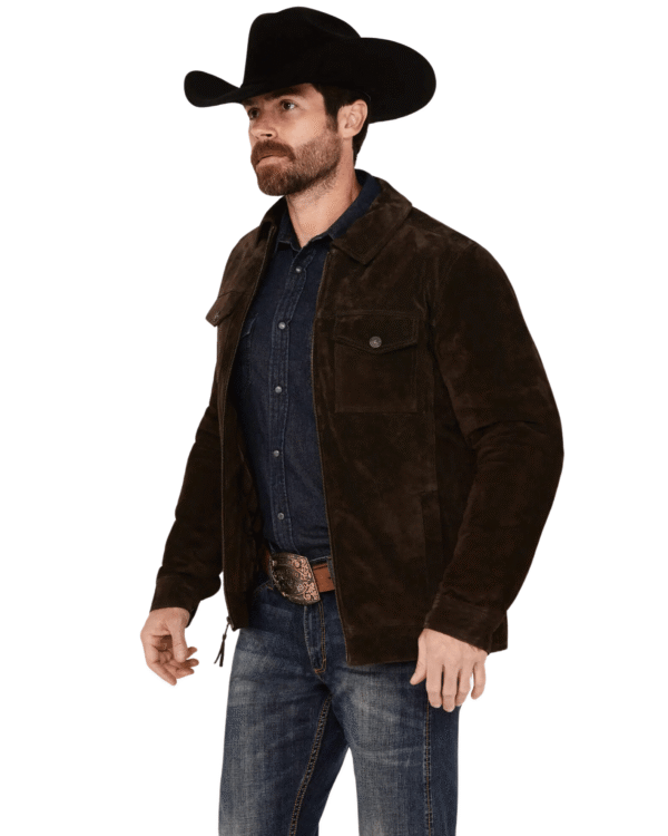 Men’s Brown Suede Jacket by Jacket Journey – front view with zipper and chest pockets
