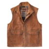 Men's Leather Vest Brown with Zip and Snap Closure – Classic Style (2) Men's Leather Vest Brown – Front View with Zip and Snap Closure