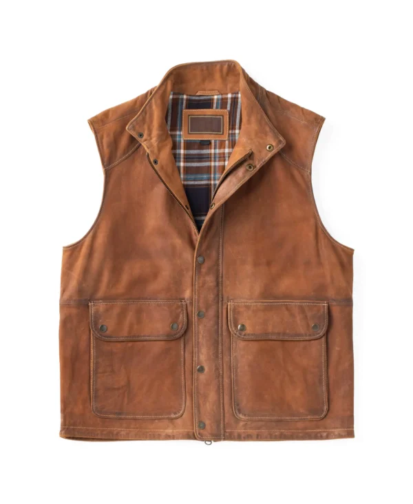 Men's Leather Vest Brown – Front View with Zip and Snap Closure