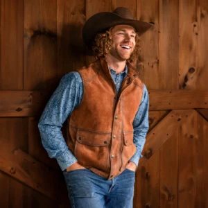 Men's Leather Vest Brown – Front View with Zip and Snap Closure