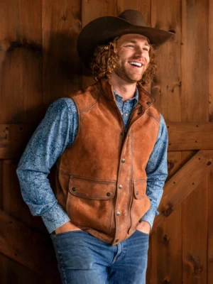 Men's Leather Vest Brown – Front View with Zip and Snap Closure