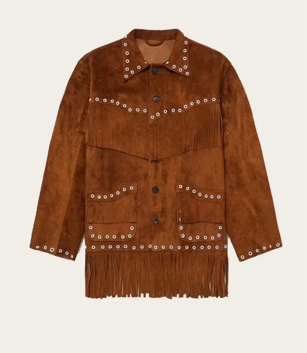 Men’s Premium Suede Cowboy Jacket with Fringes – Brown Western Leather Jacket