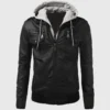 Men’s Slim Fit Black Leather Biker Jacket with Hood – Real Leather