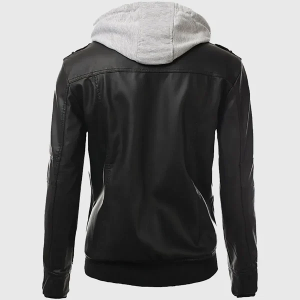 Men’s Slim Fit Black Leather Biker Jacket with Hood – Real Leather