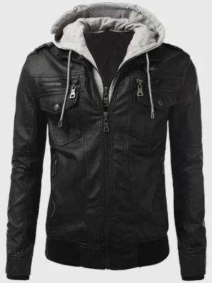 Men’s Slim Fit Black Leather Biker Jacket with Hood – Real Leather
