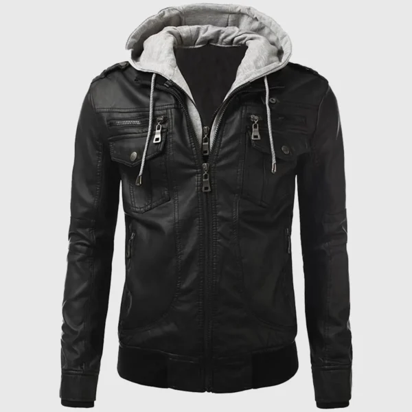 Men’s Slim Fit Black Leather Biker Jacket with Hood – Real Leather