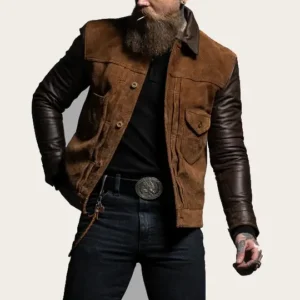 Men's Suede Leather Trucker Jacket - Front View in Oatman Brown Real Leather