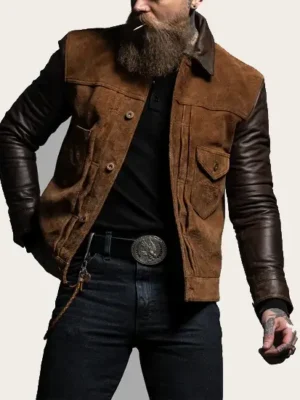 Men's Suede Leather Trucker Jacket - Front View in Oatman Brown Real Leather