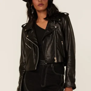 Mercy Biker Leather Jacket with Zipper Cuffs and Side Openings
