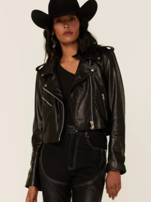 Mercy Biker Leather Jacket with Zipper Cuffs and Side Openings